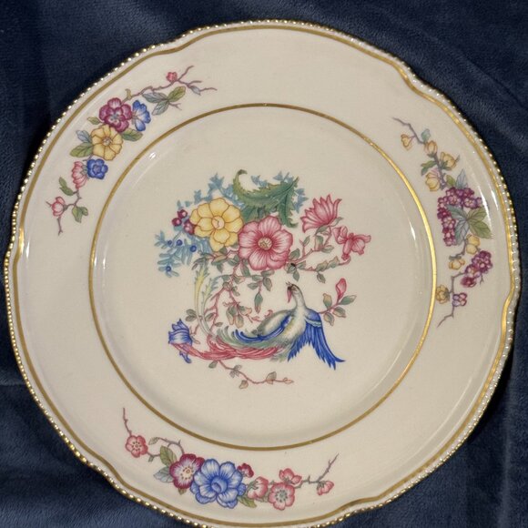 Castleton China 6 SALAD Starter Plates Phoenix Gold Flower Bird Scalloped Edge - Picture 5 of 16